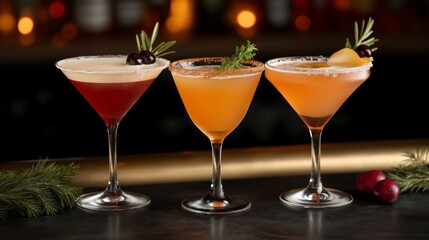 A festive trio of craft cocktails garnished with rosemary, cherries, and sugar-rimmed glasses, displayed on a bar counter with warm ambient lighting