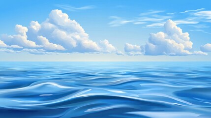Obraz premium Calm ocean surface with blue water and fluffy white clouds under a bright sunny sky.