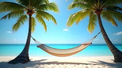 A hammock tied between two palm trees with a tropical ocean backdrop