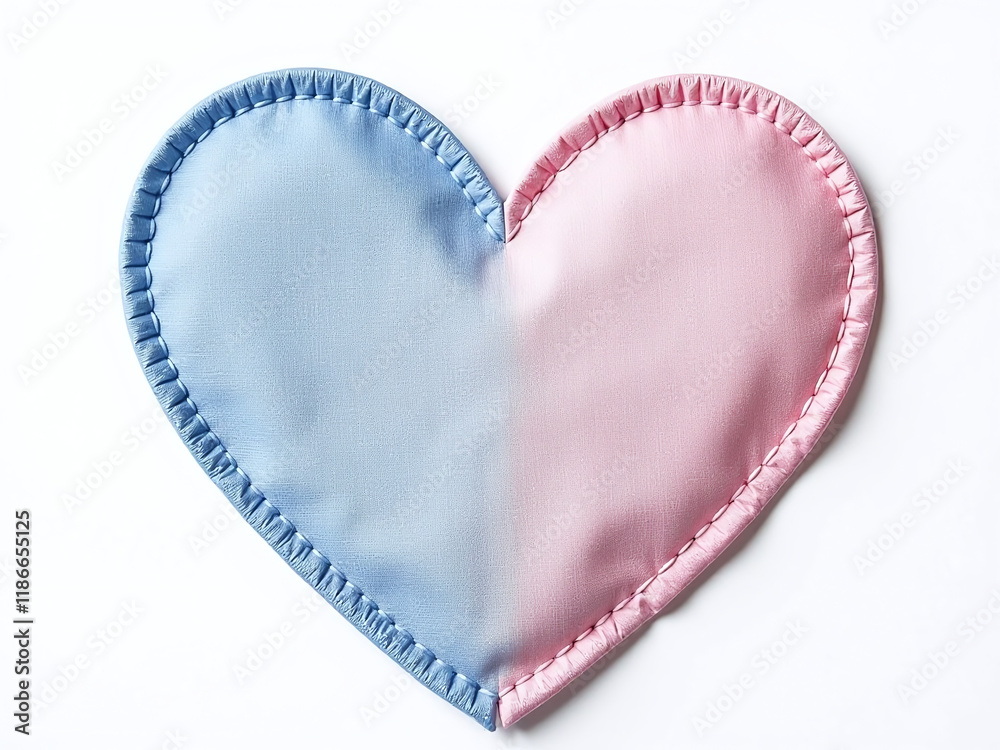 Poster fabric patches in blue and pink heart shape isolated on a white background for a unique craft design