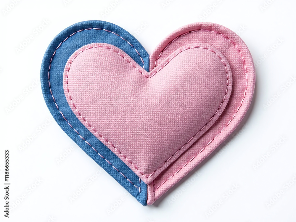 Poster fabric patches in blue and pink heart shape isolated on a white background for a unique craft design
