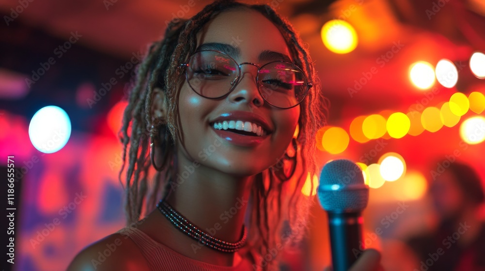 Poster A young woman with dreadlocks smiles and holds a microphone while captivating the crowd during an energetic performance in a vibrant setting filled with colorful lights.