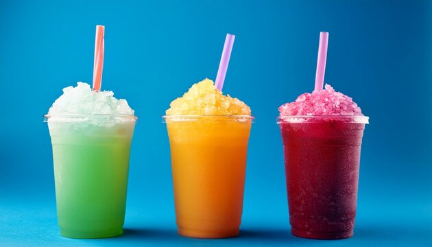 colorful frozen slush drinks with straws on blue background image for smoothie bar advertising and menu
