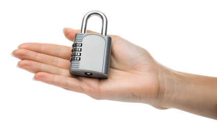 Closeup of a hand holding a steel padlock, a symbol of security and protection