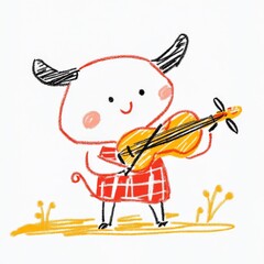 Cute little bull playing the violin, white background, simple style, simple strokes