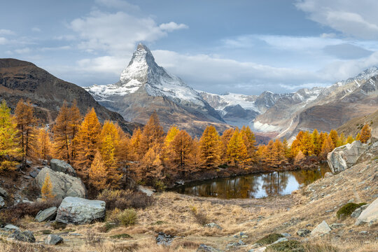 Grindjisee and Matterhorn mountain in autumn, Zermatt, Switzerland
