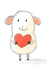 Cute little sheep holding an heart, white background, simple style, simple strokes