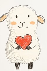 Obraz premium Cute little sheep holding an heart, white background, simple style, simple strokes