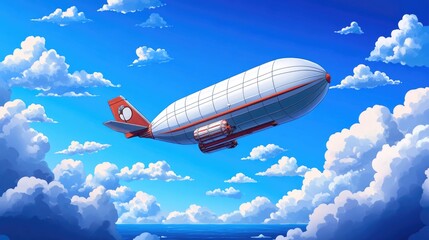 Obraz premium A white and red airship floats above fluffy clouds and a calm ocean under a bright blue sky.