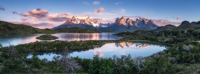 Cuernos del Paine and Pehoé Lake, Patagonia, Torres del Paine, Chile