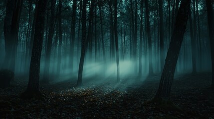 Obraz premium Mystical Forest Scene with Fog and Light Rays in Deep Woods