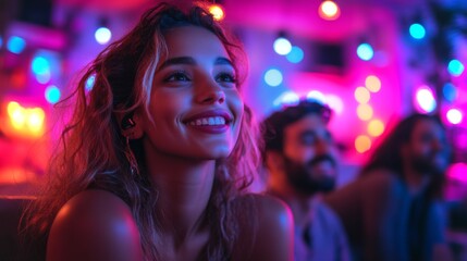 A woman with curly hair smiles brightly while enjoying time with friends. The space is filled with colorful lights, creating a joyful and lively ambiance at night.