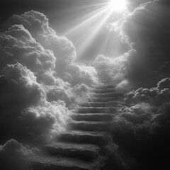 Greyscale set of stairs leading into silt clouds, with rays of sunshine beaming through parts of the clouds