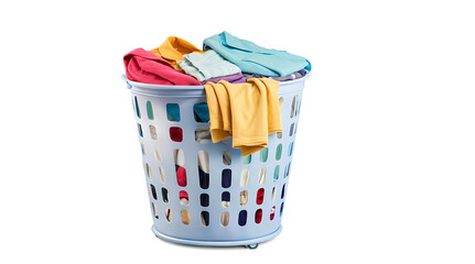 Fototapeta premium Laundry Day Essentials: A blue plastic laundry basket overflowing with colorful clothes, ready for a fresh start. 