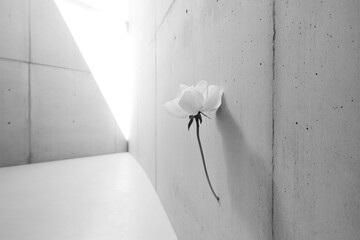 A single white flower is placed on the side of a wall, perhaps as a decorative piece or memorial