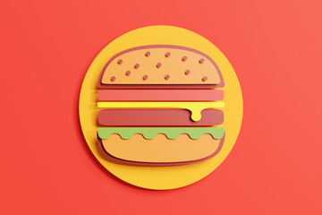 Colorful paper cutting burger art on red background. Illustration of the concept of fast food delivery industry, junk food and catering services 
