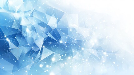 Abstract blue polygonal background with glowing particles and white space.