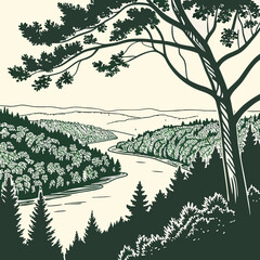 Illustrate a Captivating Vector Line Art of a Serene Forest Scene, Rich in Layers of Trees, Rolling Hills, and a Winding River, with a Clean, Detailed, and Intricate Style