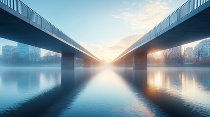 Obraz premium Serene Morning Reflections Under Bridges at Dawn Over Calm Water