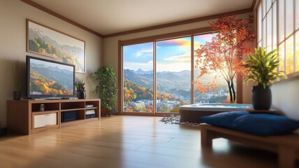 Fototapeta premium serene living room with stunning mountain view, featuring vibrant autumn foliage and cozy atmosphere