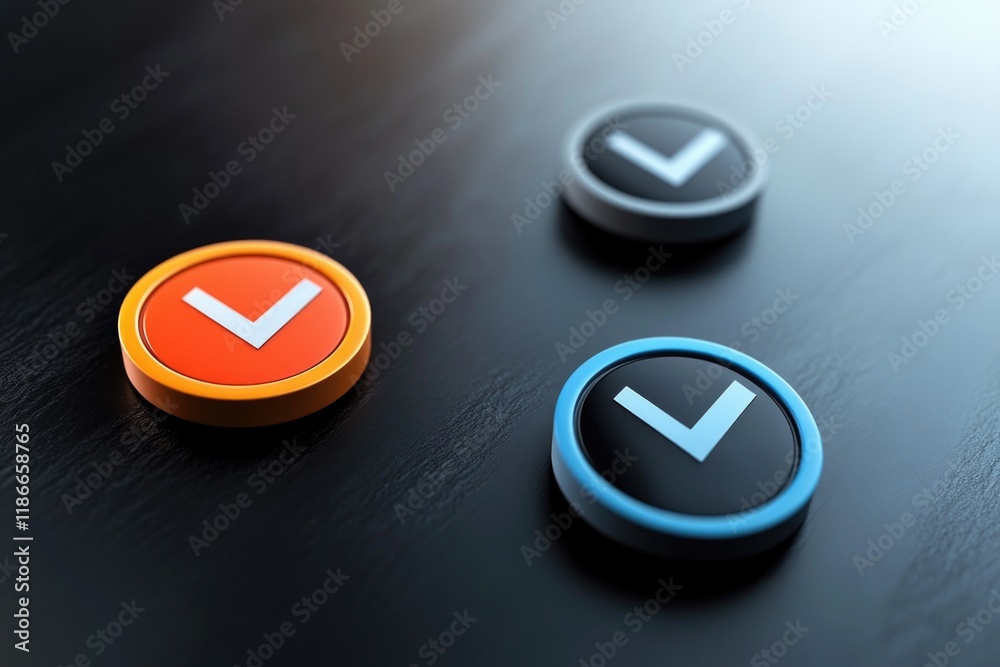 Poster close-up view of three buttons on a table surface