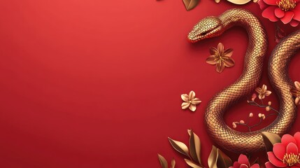 Obraz premium A 3D golden snake with intricate floral decorations on a vibrant red background, featuring ample space for text. Perfect for Chinese New Year banner designs and festive promotions