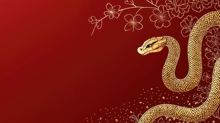 Obraz premium A golden snake surrounded by cherry blossoms and leaves on the right side of a red background, featuring gold foil outlines and minimalist Chinese New Year design. Perfect for festive cards or banners