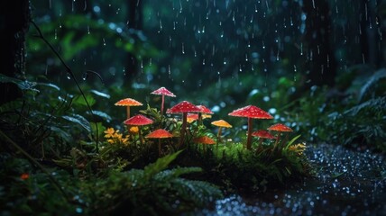 Obraz premium A Magical Rainy Evening in a Lush Forest: Vibrant Mushrooms Illuminated by Distant Lights