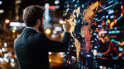 business analyst presenting economic analysis report on digital map, showcasing global data trends and insights. urban background adds dynamic atmosphere