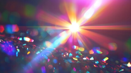 Fototapeta premium Colorful light rays burst from a bright light source, illuminating glittering surface.