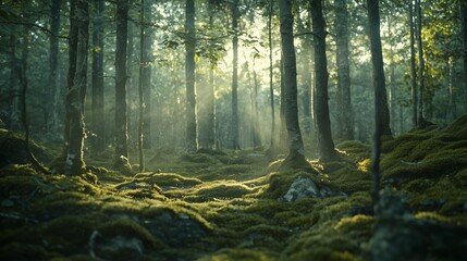 Obraz premium Serene Forest Scene with Sunlight Filtering Through Green Trees