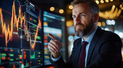 business analyst analyzing global economic trend data on multiple screens, showcasing financial graphs and charts. focused expression highlights importance of data driven decisions