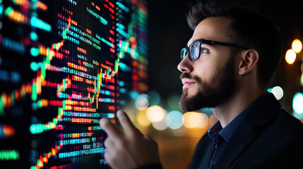 business analyst analyzing global economic trends on digital screen, showcasing vibrant data visualizations and market fluctuations. scene captures focus and determination
