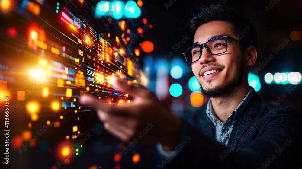 Poster business analyst engaging with data visualization tools, showcasing vibrant graphics and analytics. scene conveys innovation and excitement in data interpretation