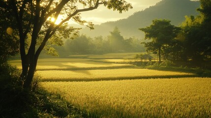 Obraz premium Golden Rice Fields at Sunset