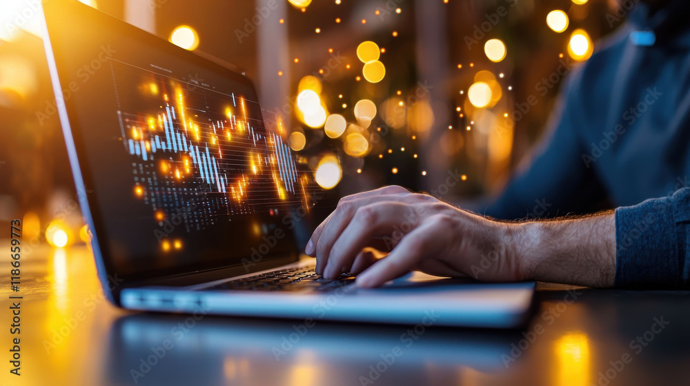 Poster business analyst working on laptop, analyzing data with glowing visualizations. warm bokeh lights create focused and dynamic atmosphere