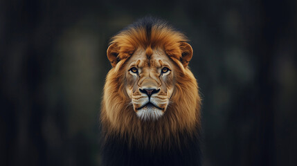 Fototapeta premium Majestic Lion Portrait: A powerful lion stares intensely at the camera, his mane framing his face in a dramatic portrait. The dark background adds to the sense of mystery and grandeur. 