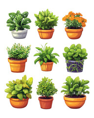 Fototapeta premium [Illustrative digital art of potted plants arrangement] Vibrant Botanical Grid: Colorful Potted Plants on Neutral Background