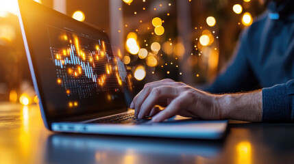 business analyst working on laptop, analyzing data with glowing visualizations. warm bokeh lights create focused and dynamic atmosphere