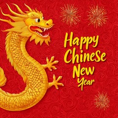 Obraz premium Chinese New Year cards embrace minimalist design. Colorful illustration of a golden dragon celebrating Chinese New Year with festive text and fireworks.