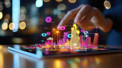 person interacts with digital analytics model, visualizing operational data on tablet. vibrant cityscape and colorful graphs create engaging atmosphere