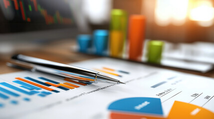 Analyzing operational data with business analytics tools, featuring colorful charts and graphs. pen rests on report, symbolizing data driven decision making