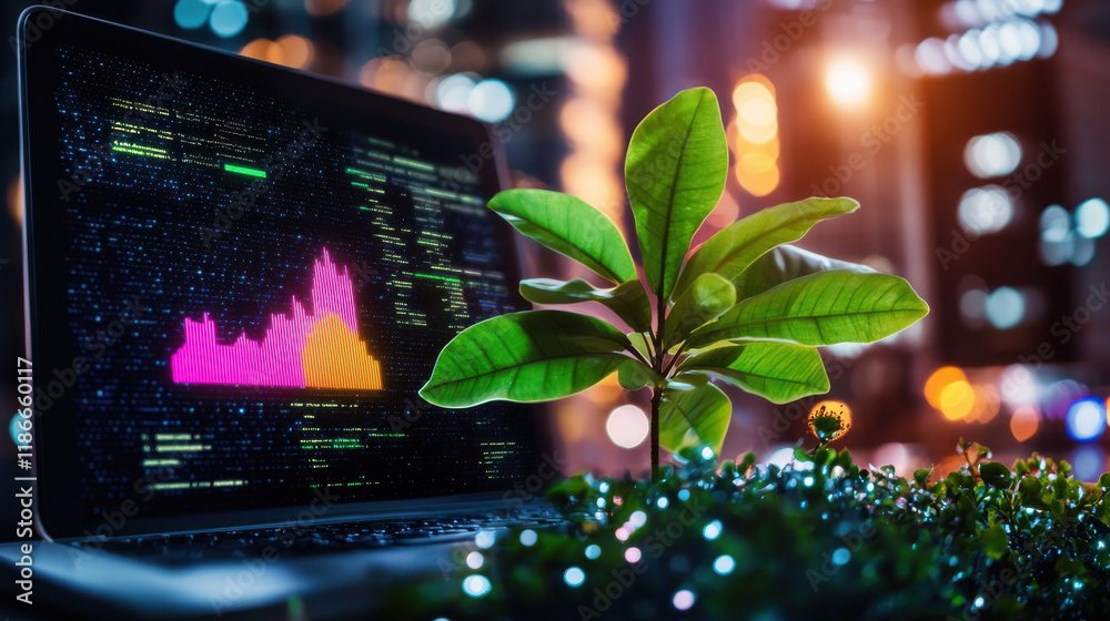 Poster laptop displaying colorful digital graph next to green plant symbolizes fusion of technology and sus