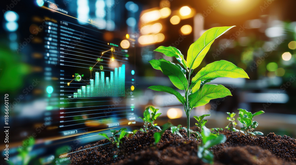 Poster close up of green plant growing in soil with digital display showing sustainability metrics and growth trends. image conveys sense of innovation and environmental awareness