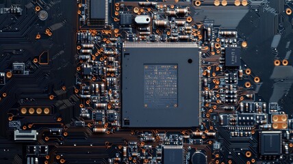 A close-up of a printed circuit board with intricate components, showcasing a microchip and various electronic connections.