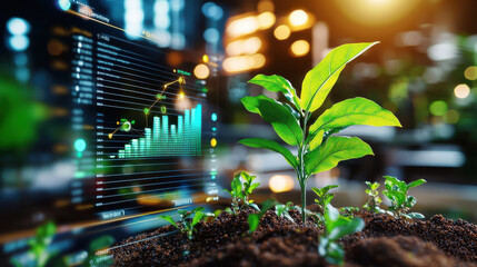 close up of green plant growing in soil with digital display showing sustainability metrics and growth trends. image conveys sense of innovation and environmental awareness