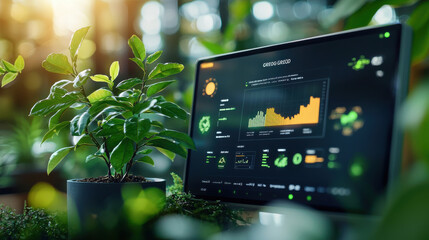 digital screen displays detailed green ecological data surrounded by lush plants, showcasing blend of technology and nature. vibrant colors highlight environmental metrics