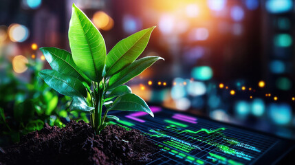 close up of green plant growing in soil, with digital screen displaying data in background. image conveys blend of nature and technology, symbolizing growth and innovation