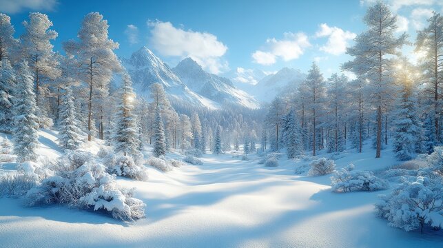 Sunlit snowy mountain valley with snow-covered pine trees.