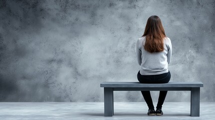 A solitary person sitting on a minimalist gray bench against a textured gray wall, evoking introspection and stillness